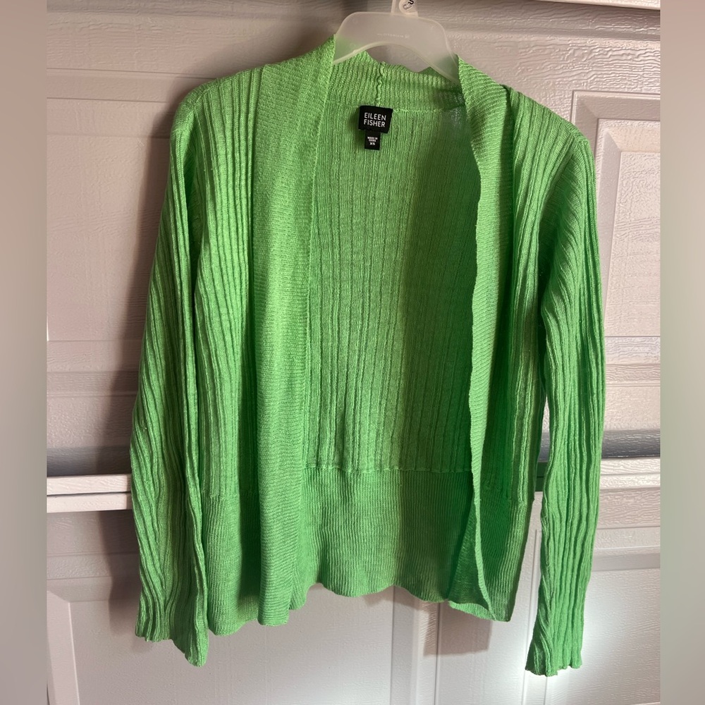 Eileen Fisher Linen Open Front Knit Cardigan Size XS Green